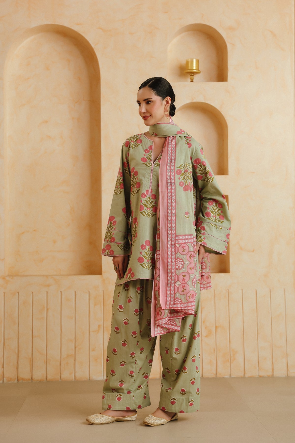 Green Printed Cotton Farshi Kurta, Salwar & Dupatta Set