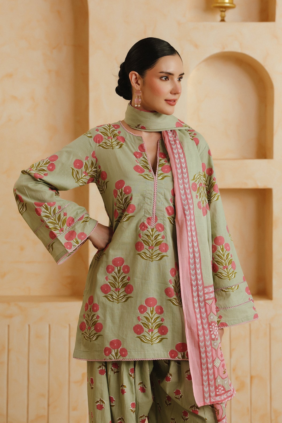 Green Printed Cotton Farshi Kurta, Salwar & Dupatta Set