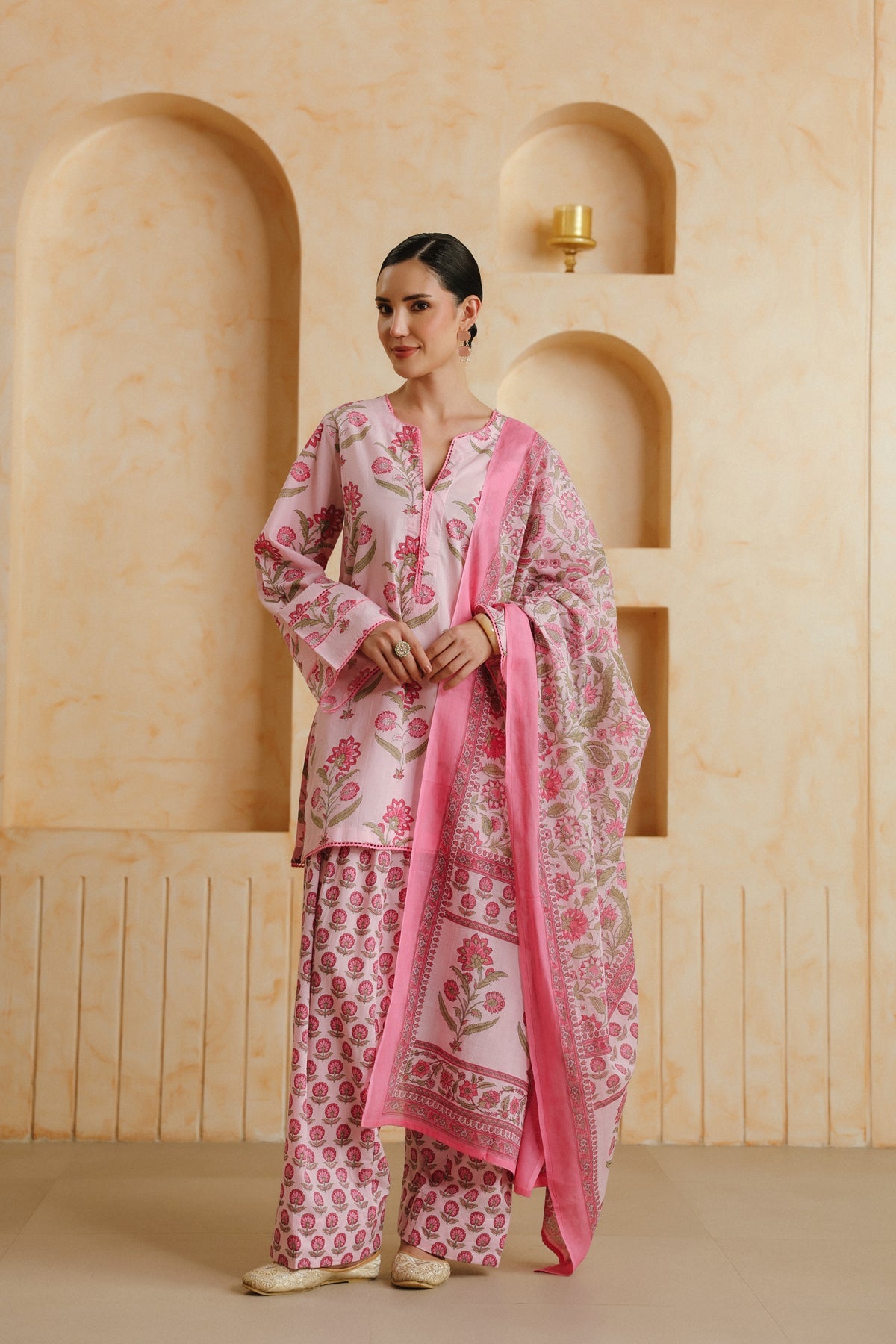 Pink Printed Cotton Farshi Kurta, Salwar & Dupatta Set
