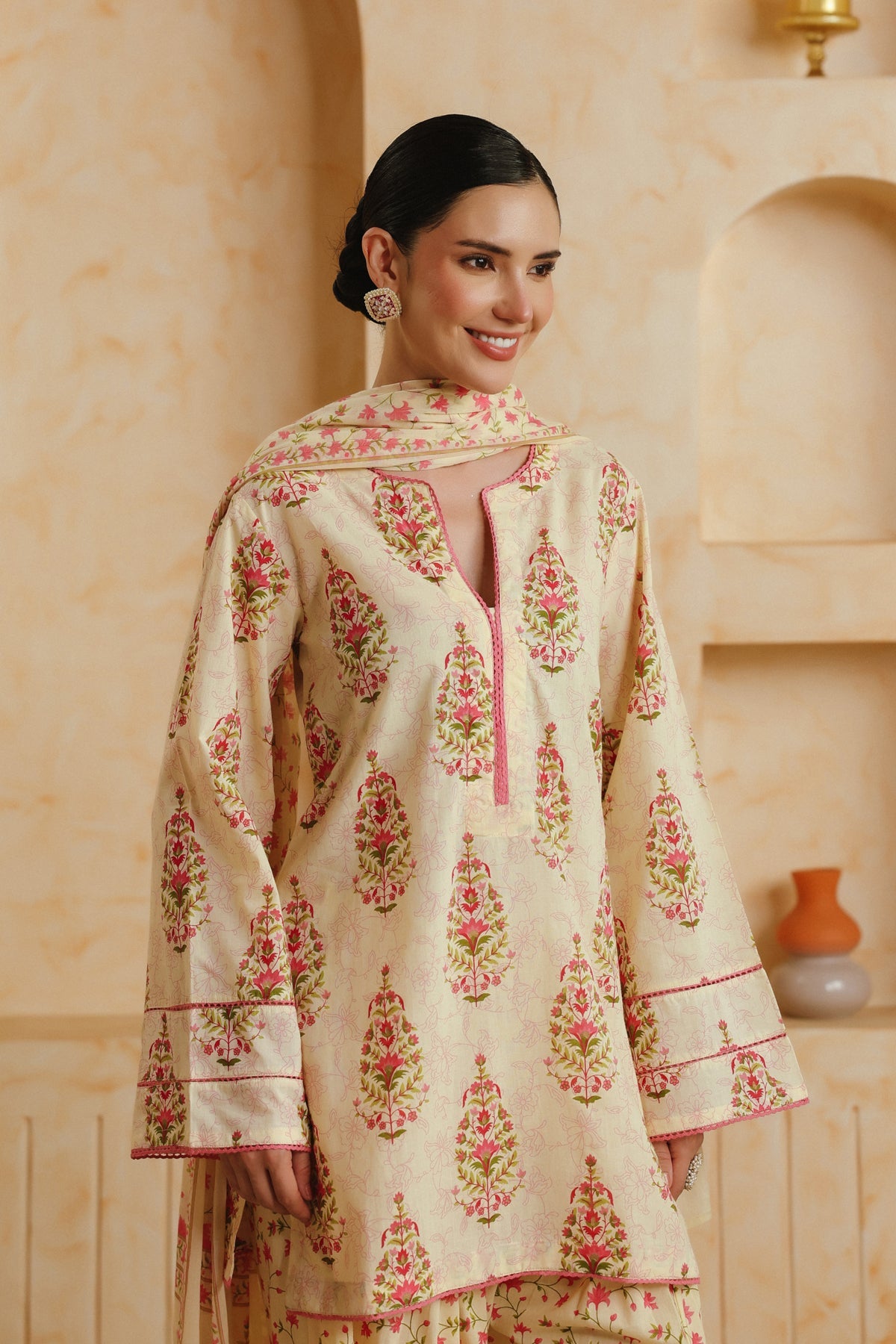 Cream Printed Cotton Farshi Kurta, Salwar & Dupatta Set