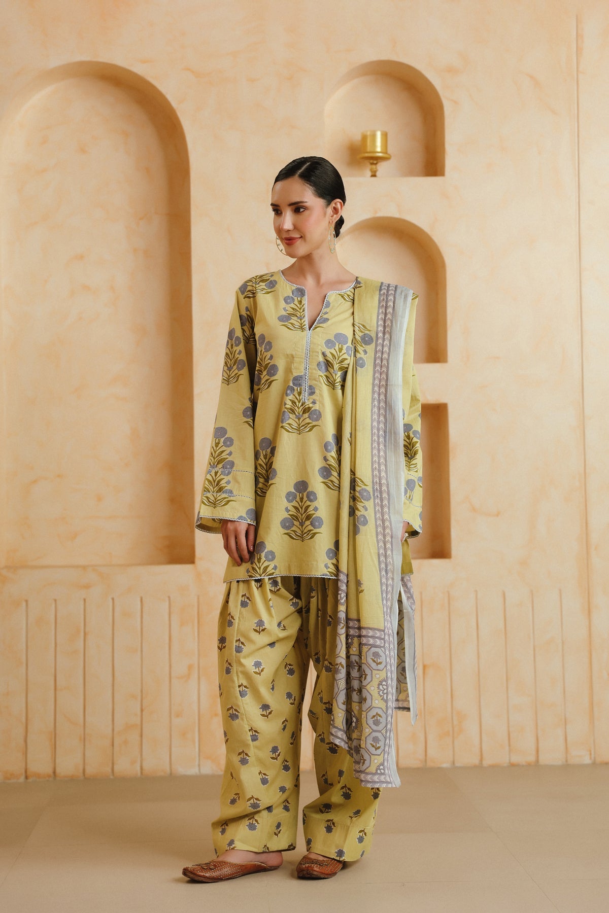 Yellow Printed Cotton Farshi Kurta, Salwar & Dupatta Set