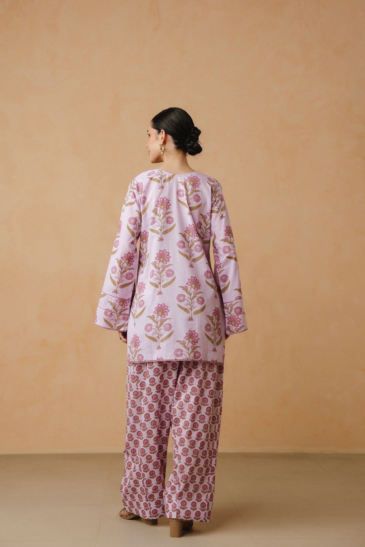 Lavender Printed Cotton Farshi Kurta, Salwar & Dupatta Set