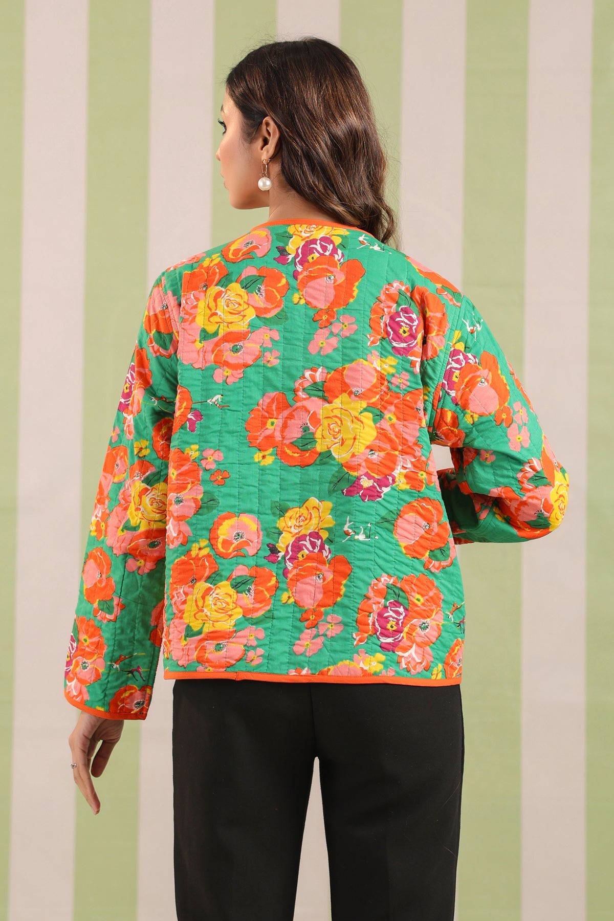 Green Floral Printed Free-Size Quilted Cotton Jacket