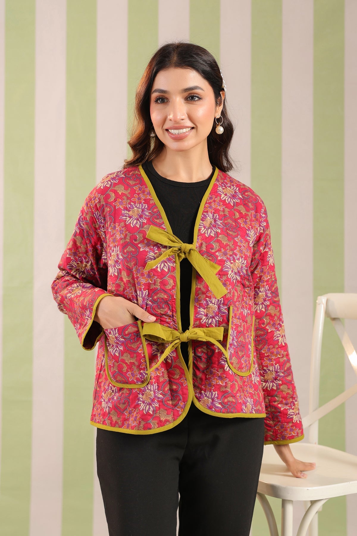 Pink Floral Printed Free-Size Quilted Cotton Jacket