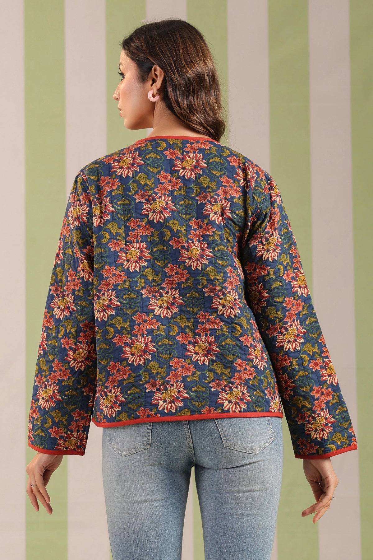 Navy Blue Floral Printed Free-Size Quilted Cotton Jacket