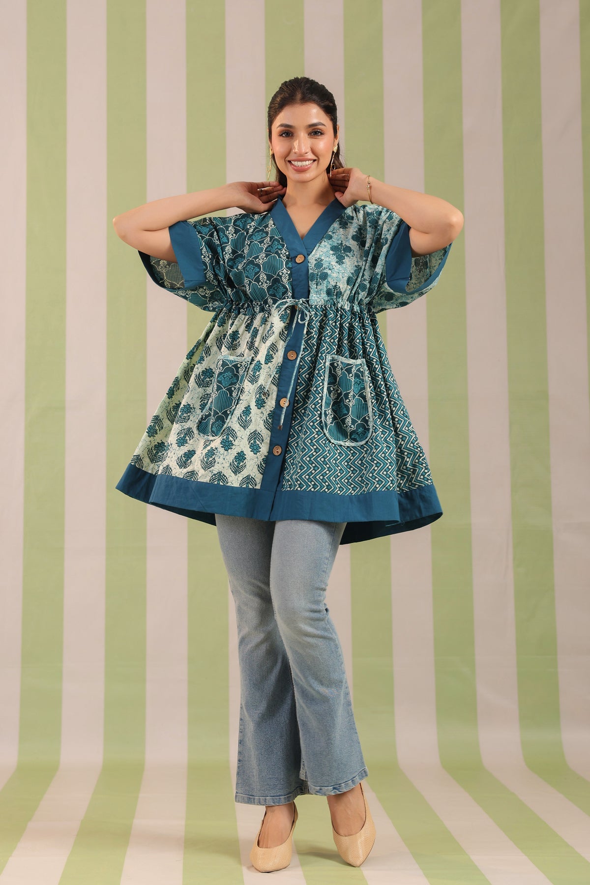 Teal Printed One Size Kaftan Top