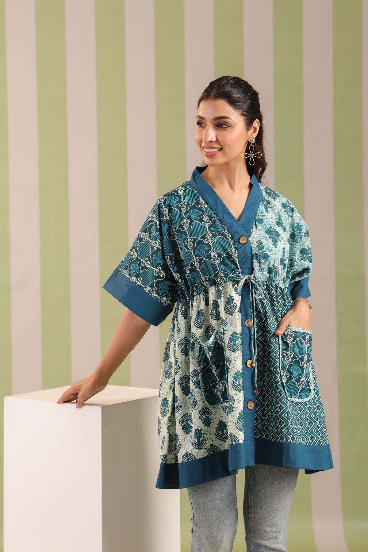Teal Printed One Size Kaftan Top