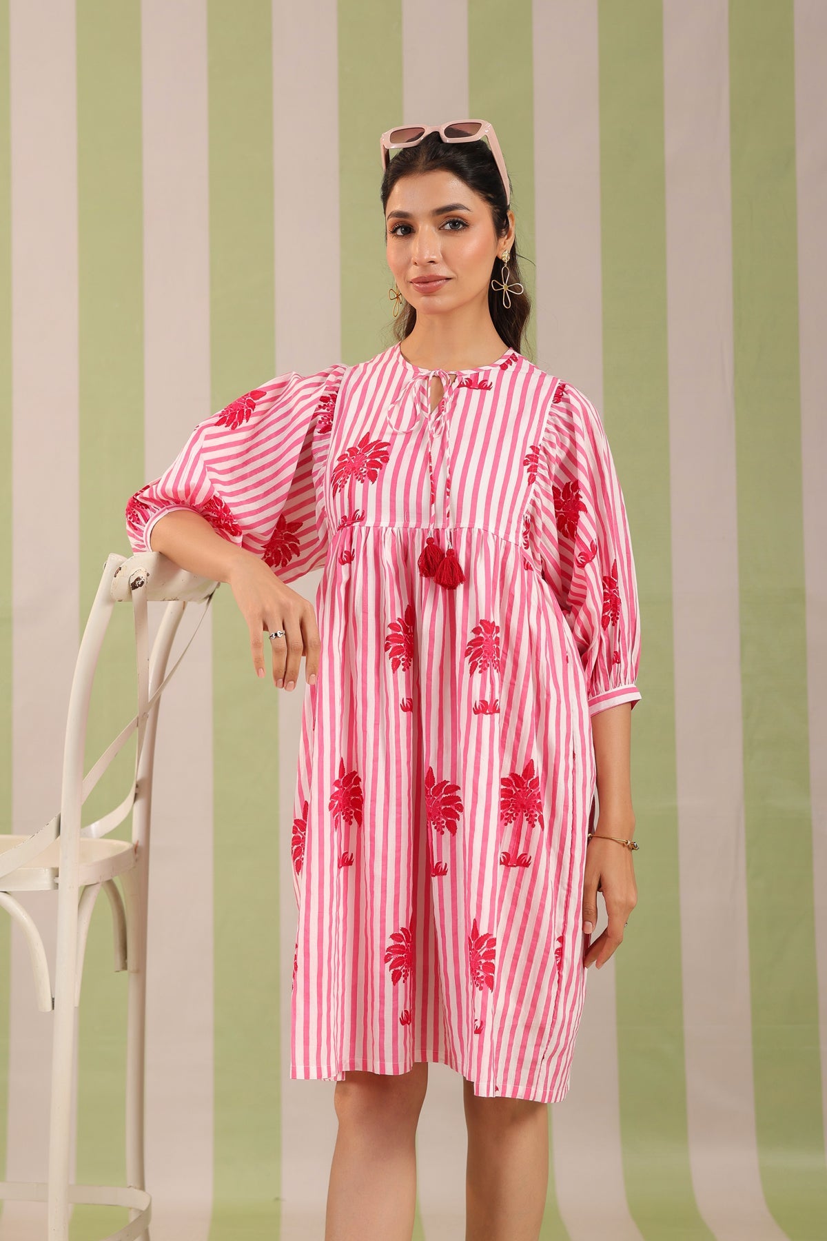 Pink Palm Printed Cotton Dress with Tie-up strings