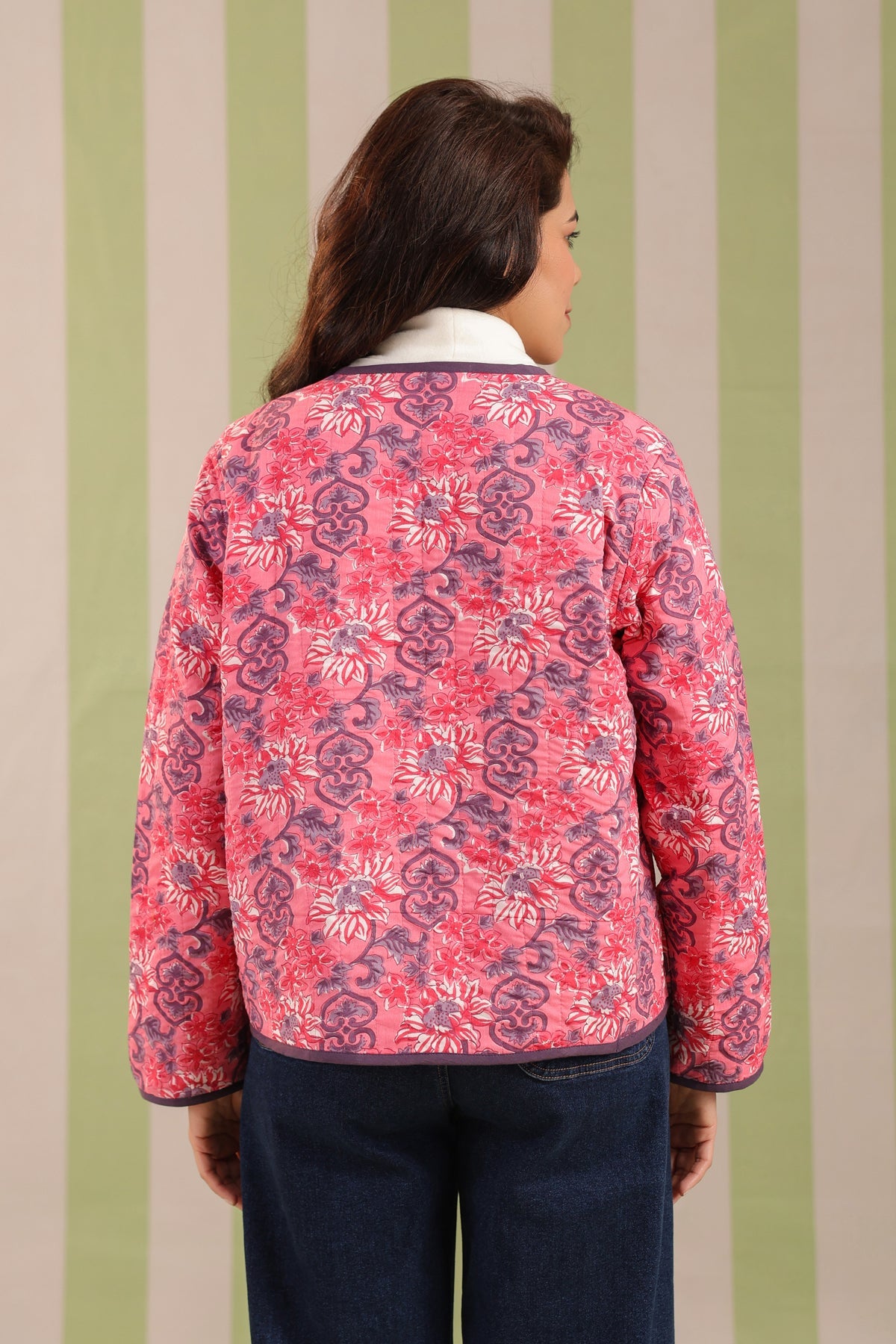 Light Pink Floral Free-Size Quilted Cotton Jacket