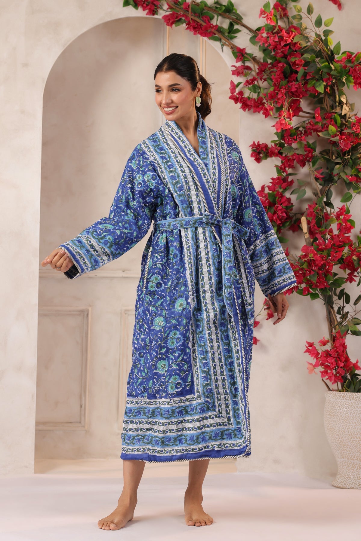 Anokhi Blue Printed Reversible Quilted Robes