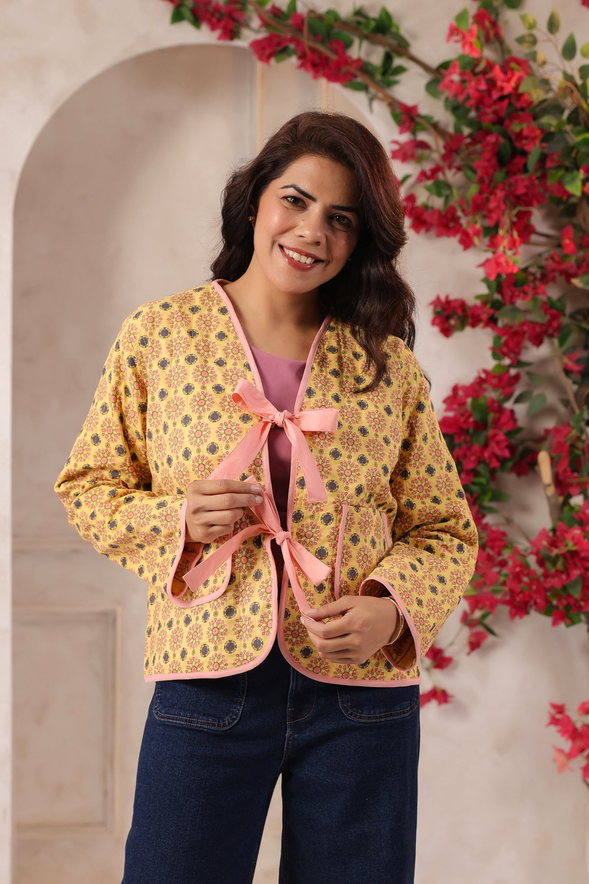 Yellow Booti Printed Free-Size Quilted Cotton Jacket