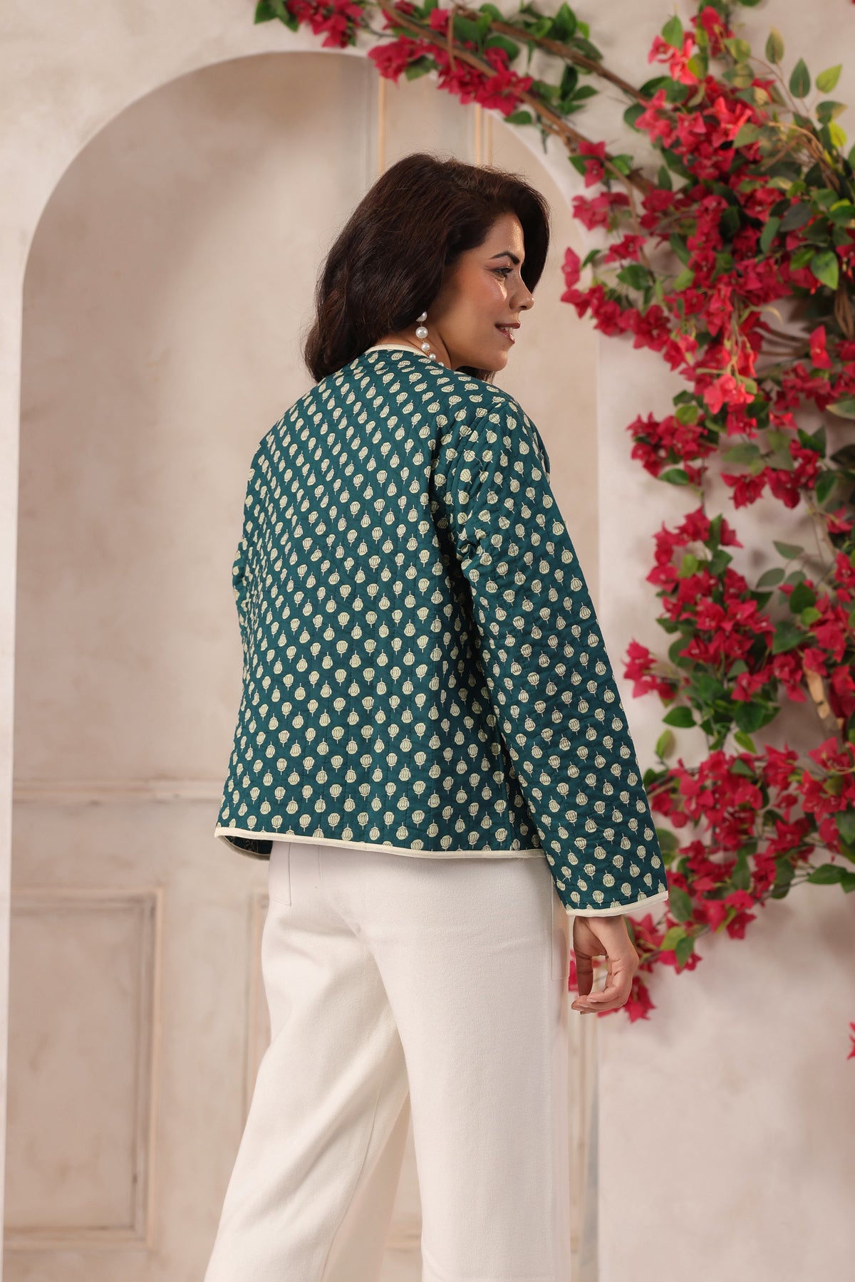 Green Booti Printed Free-Size Quilted Cotton Jacket