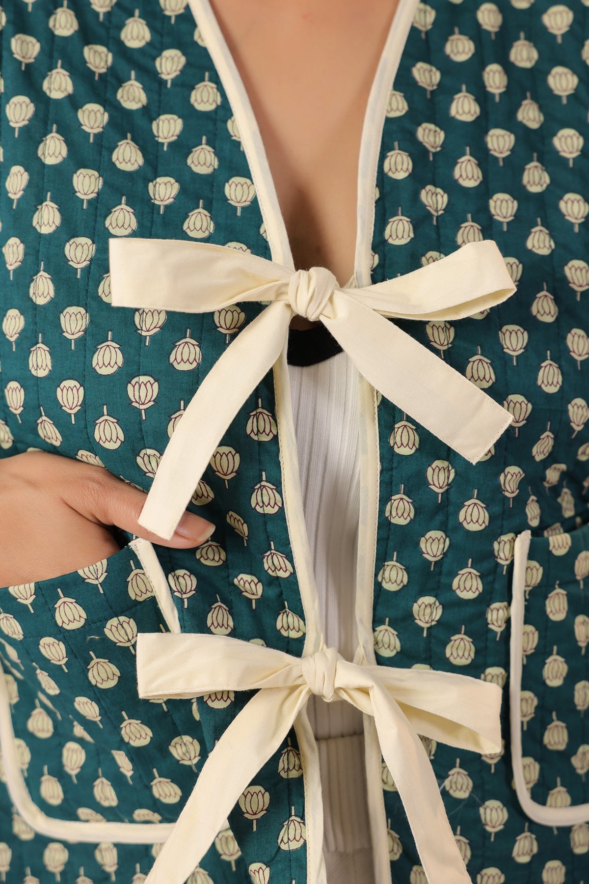 Green Booti Printed Free-Size Quilted Cotton Jacket