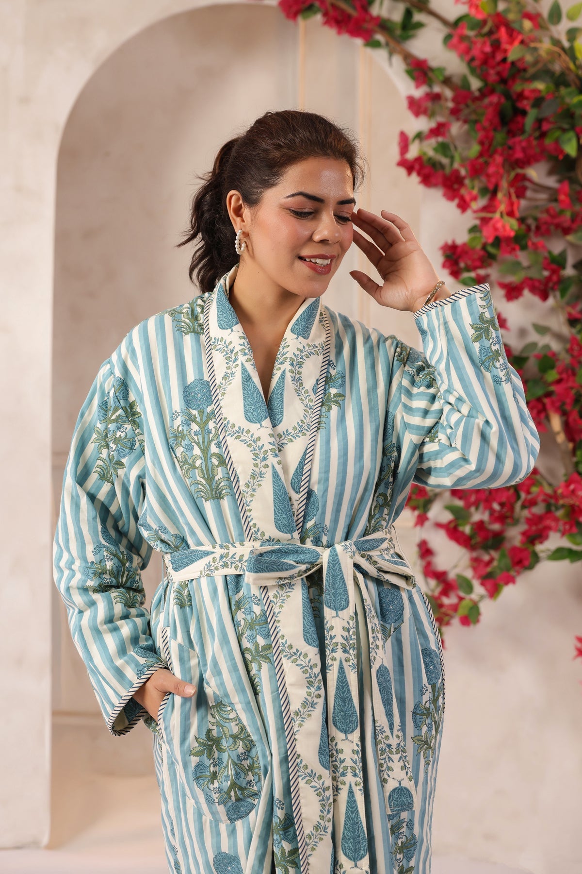 Blue Stripes Printed Reversible Quilted Robes