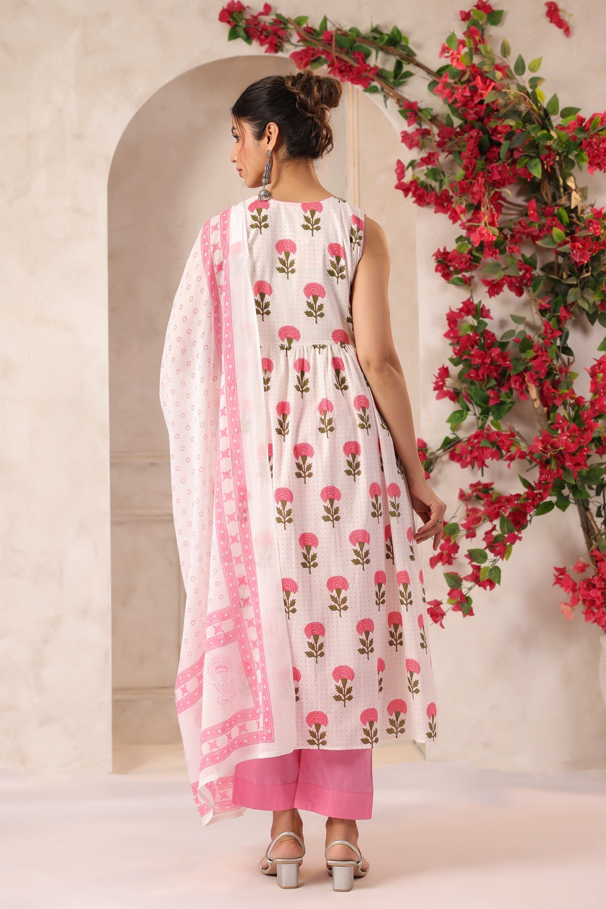 White and Pink Flower Printed Kurta Set with Dupatta