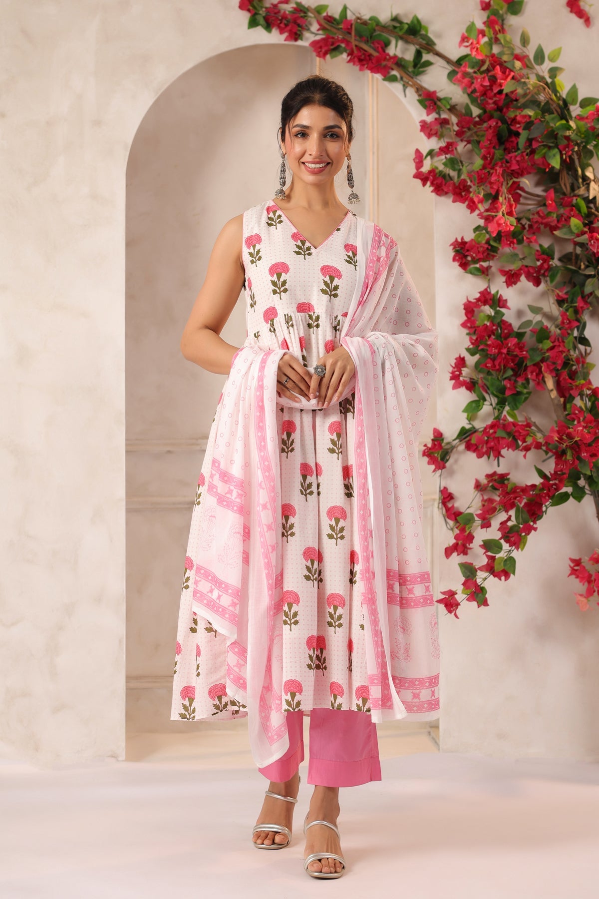 White and Pink Flower Printed Kurta Set with Dupatta