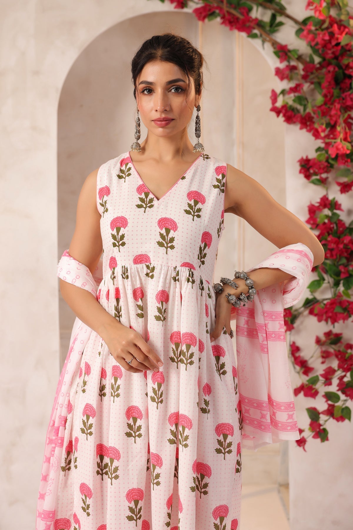 White and Pink Flower Printed Kurta Set with Dupatta