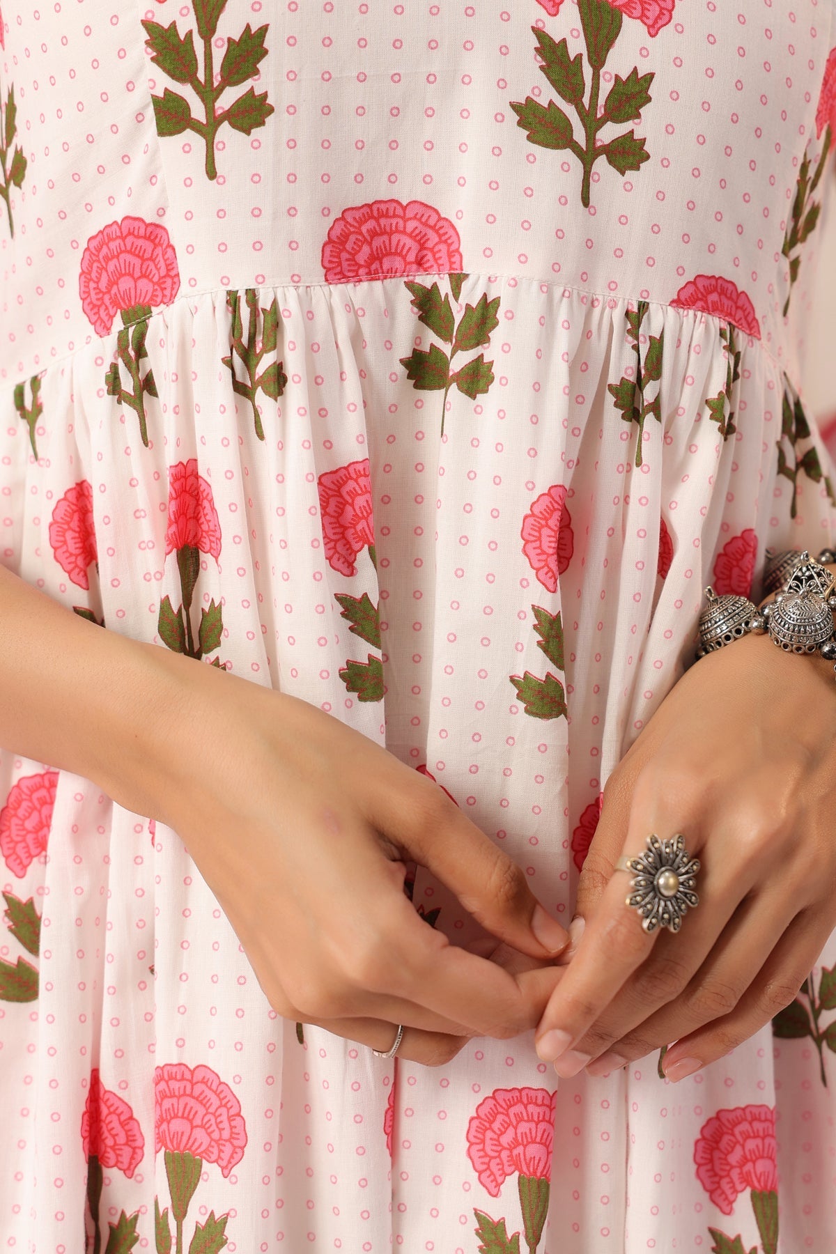 White and Pink Flower Printed Kurta Set with Dupatta