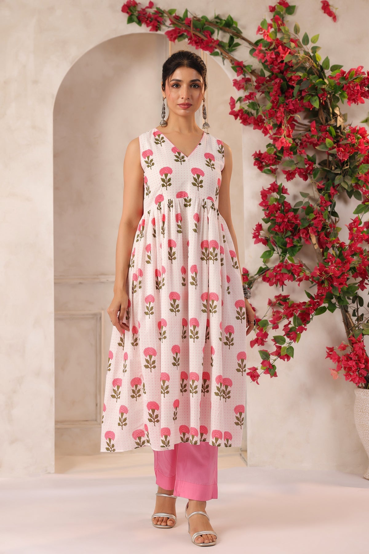 White and Pink Flower Printed Kurta Set with Dupatta