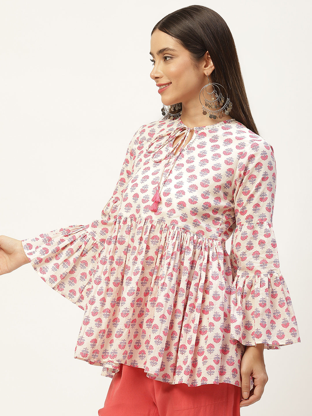 White Print Tie-Up Neck Cotton Cinched Waist Top
