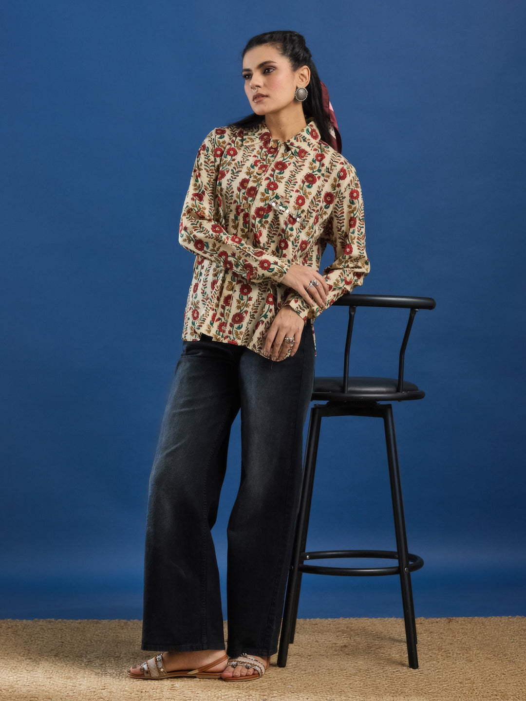 Cream Bagru Handblock Printed Lose Fit Cotton Shirt