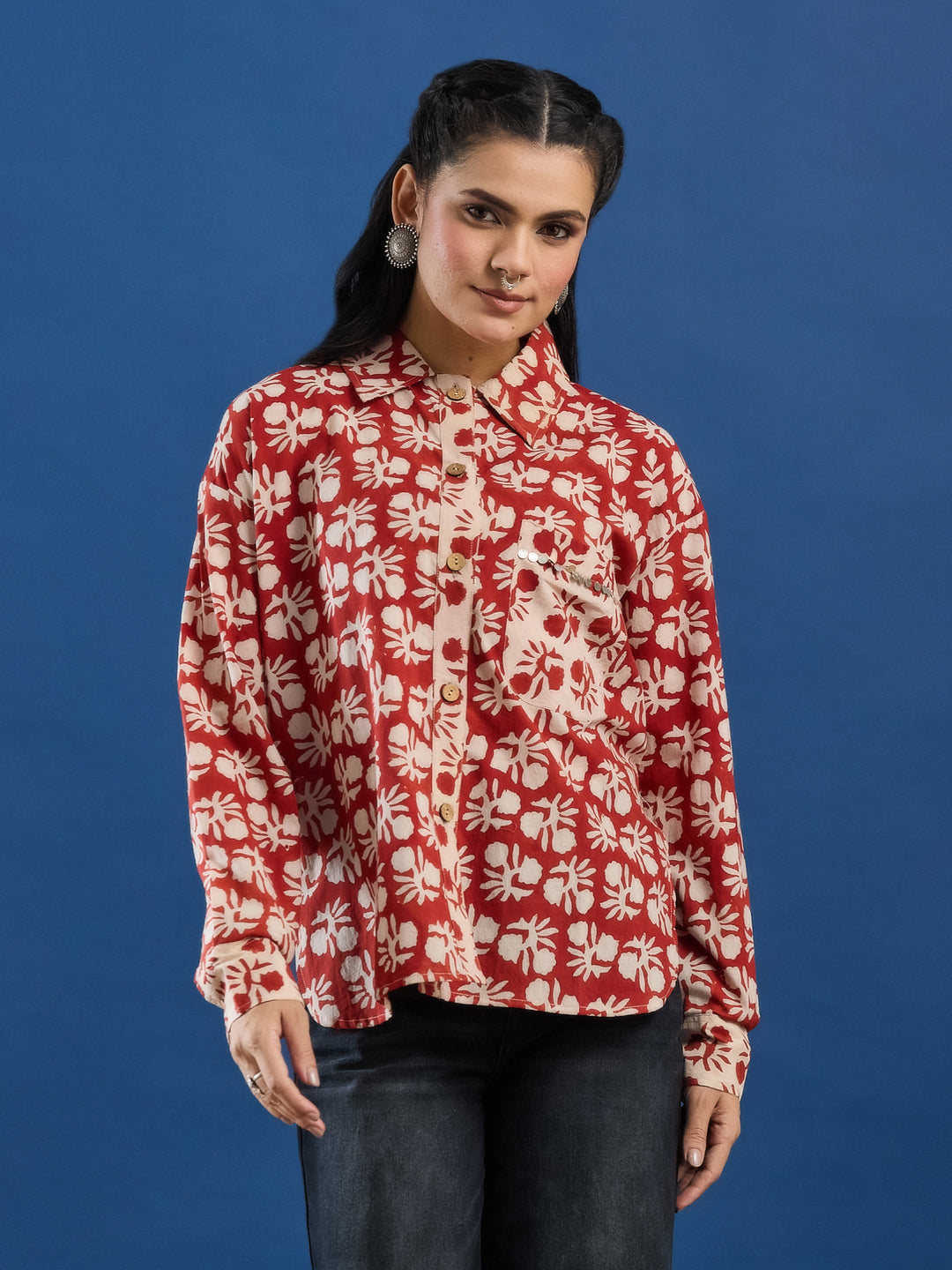 Maroon Bagru Printed Handblock Cotton Shirt