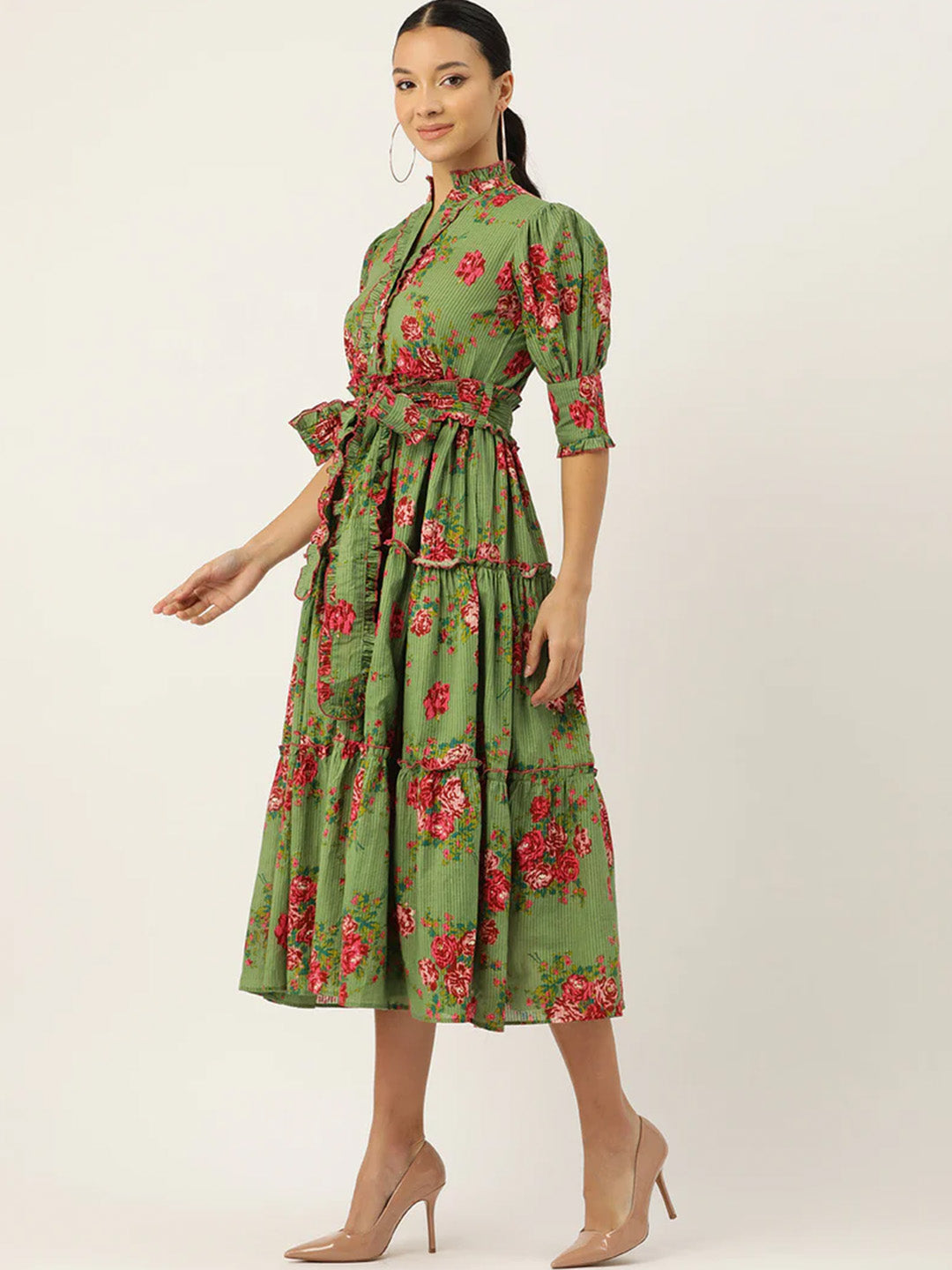Green Floral Print Puff Sleeve Fit & Flare Midi Dress