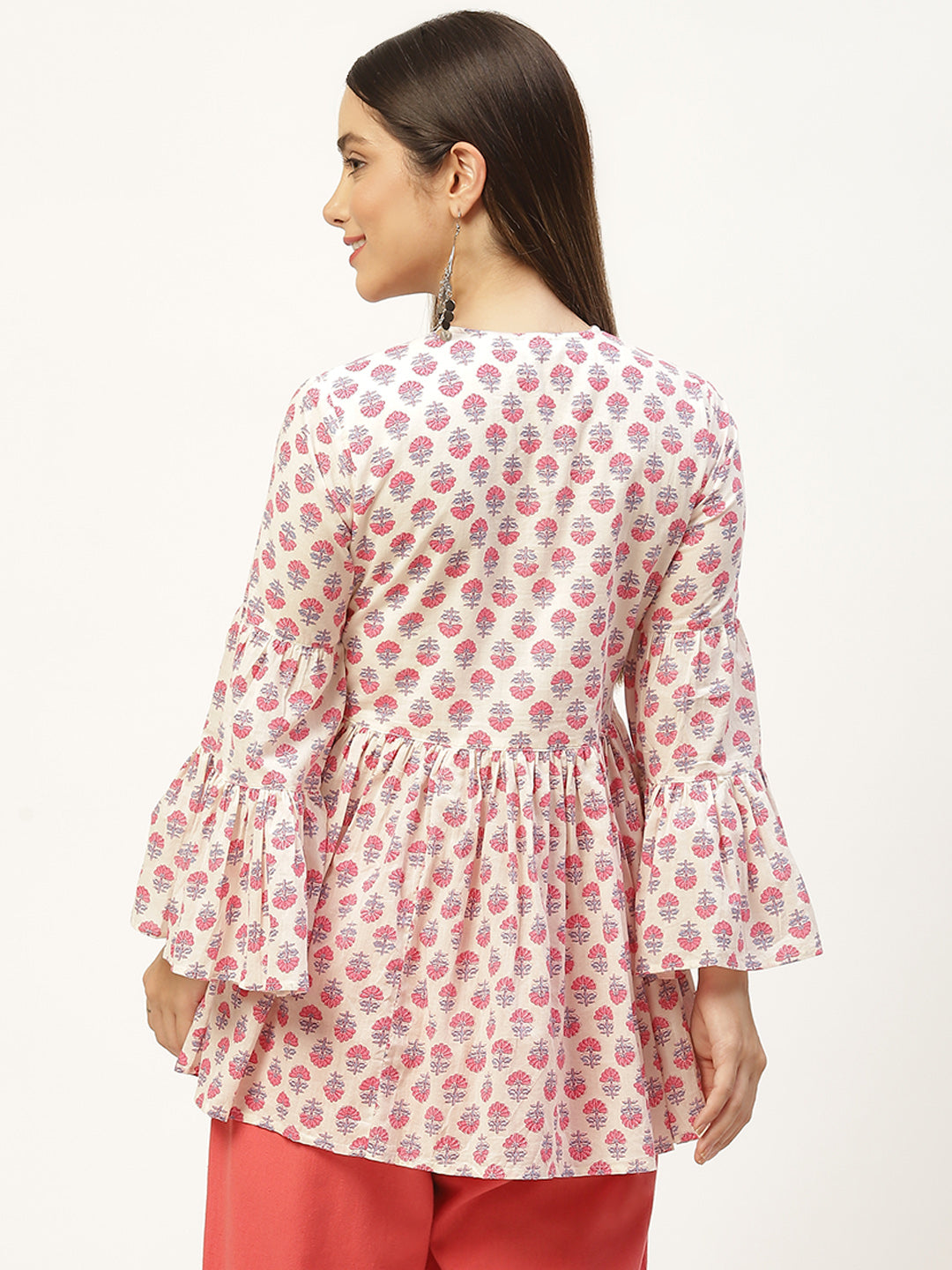 White Print Tie-Up Neck Cotton Cinched Waist Top