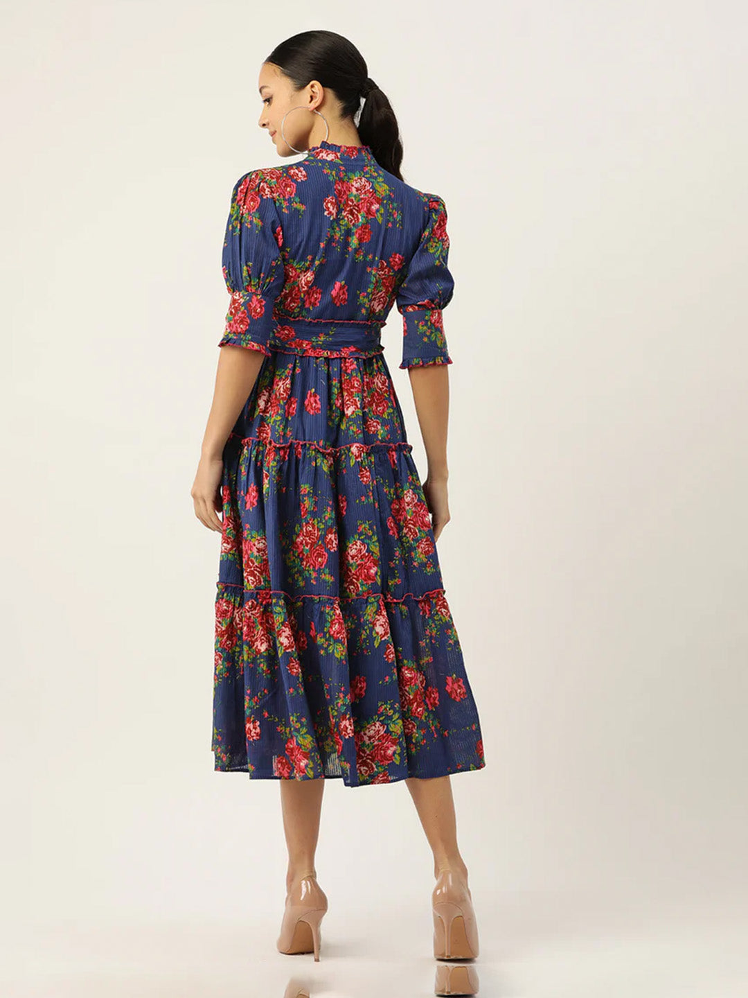 Blue Floral Print Puff Sleeve Fit & Flare Midi Dress