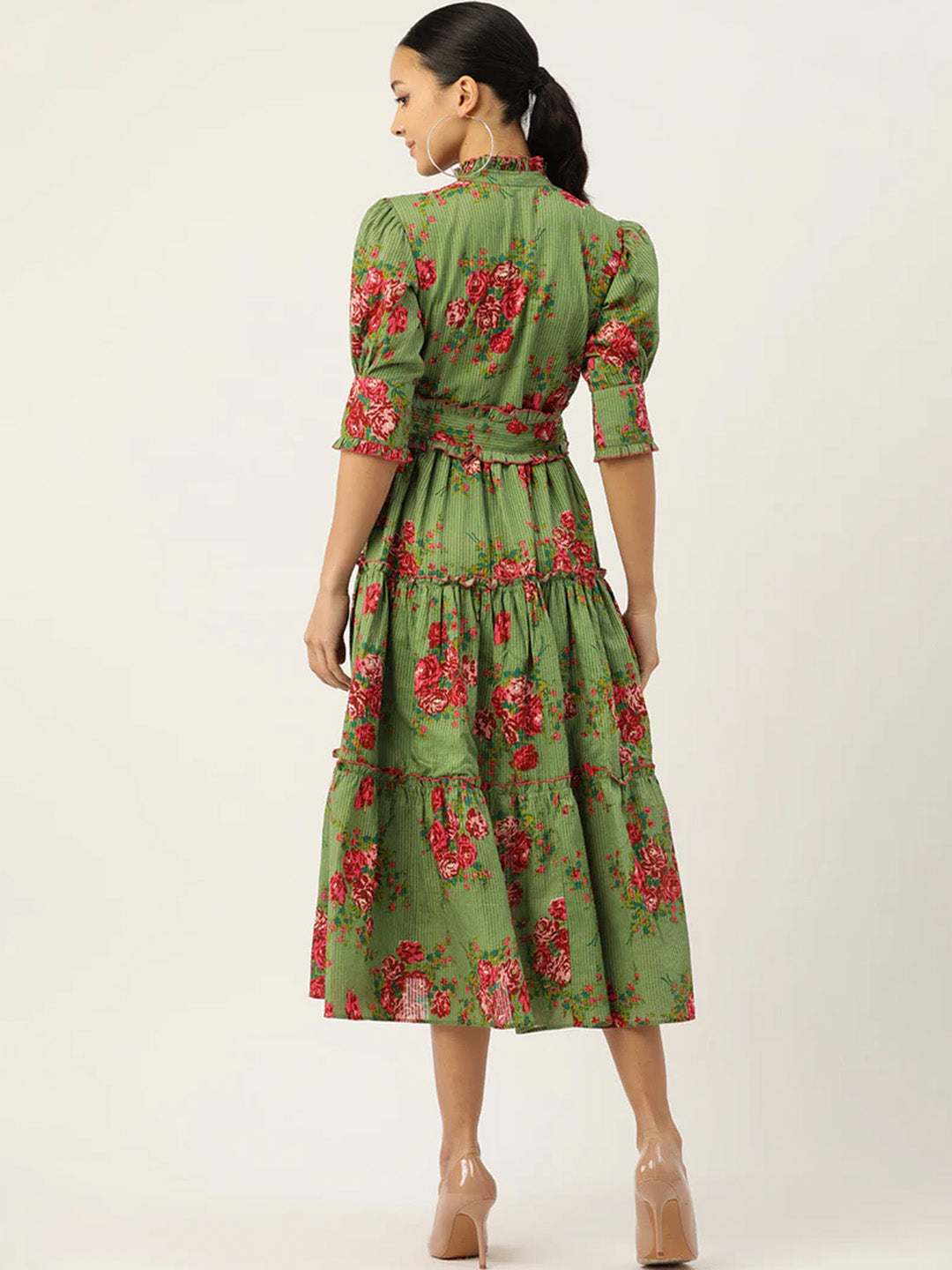 Green Floral Print Puff Sleeve Fit & Flare Midi Dress