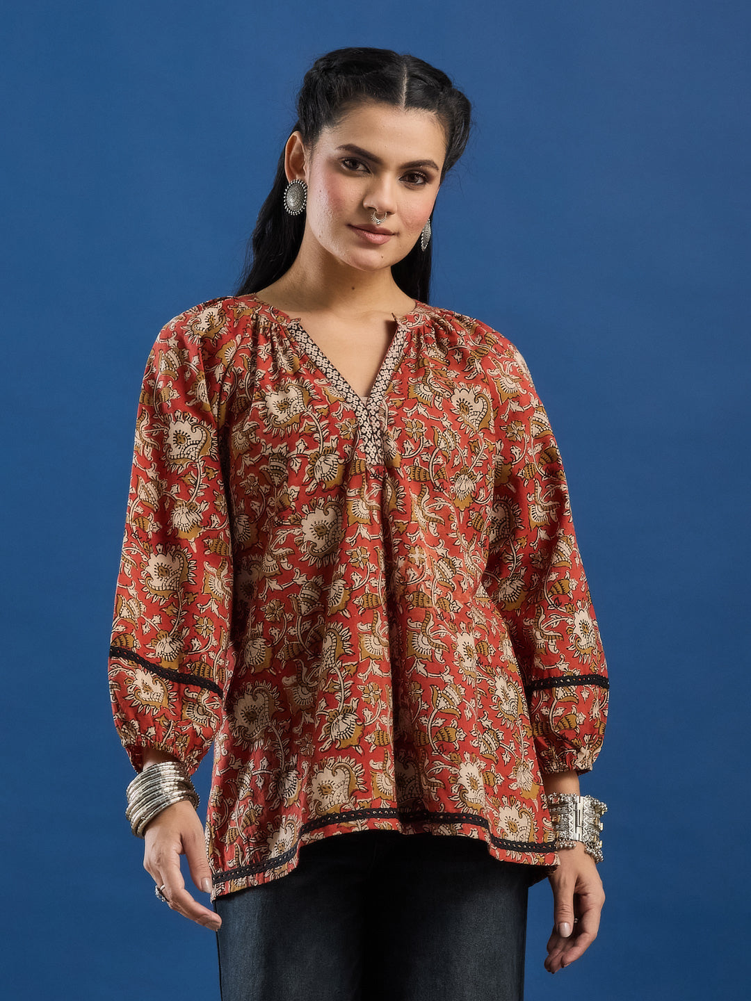Red Floral Handblock Printed Cotton Top with Lace Detailing