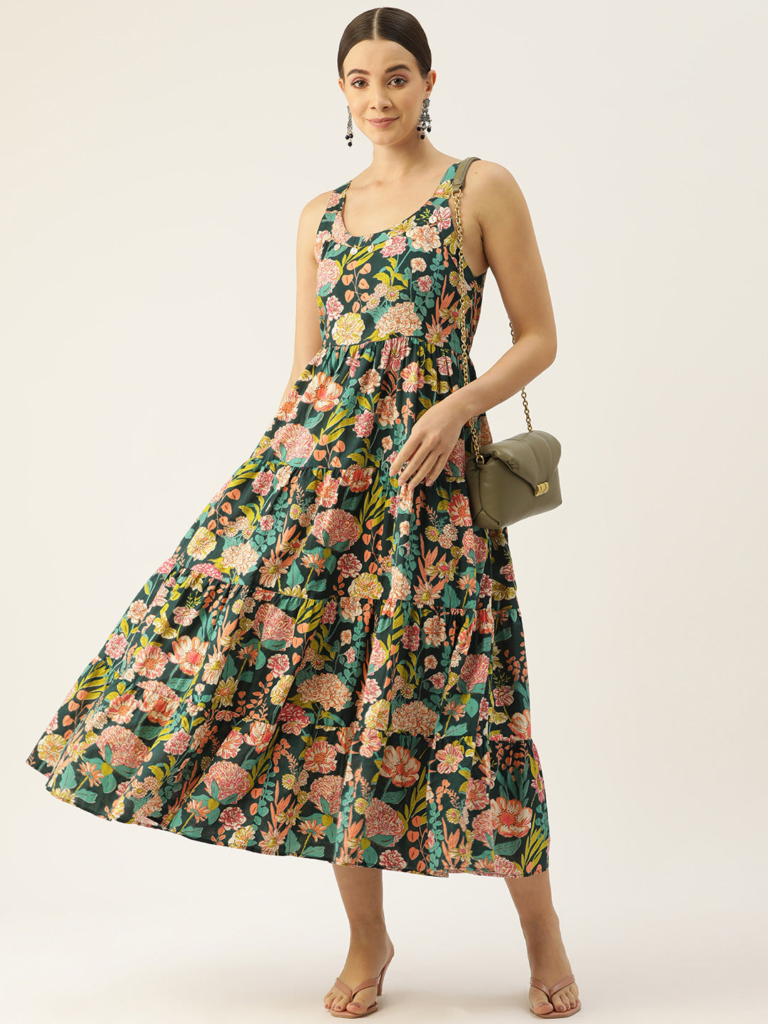 Green Shoulder Strapped Floral Printed Fit and Flared Pure Cotton Dress