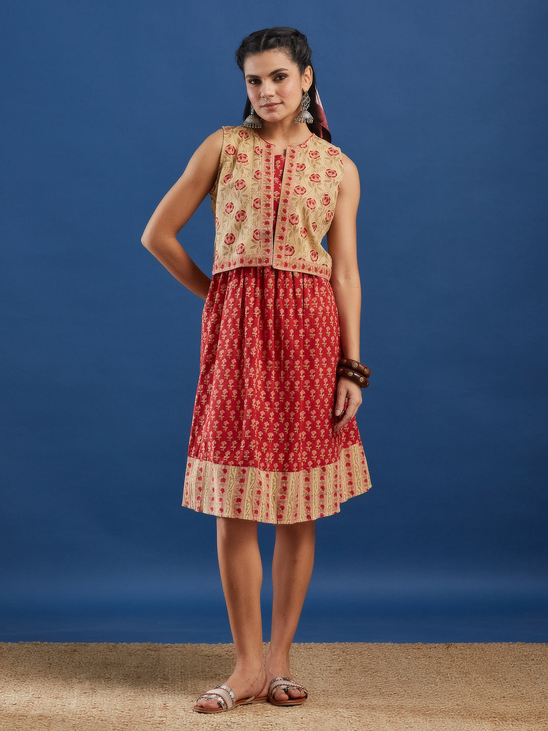 Red Handblock Printed Cotton Dress with Jacket