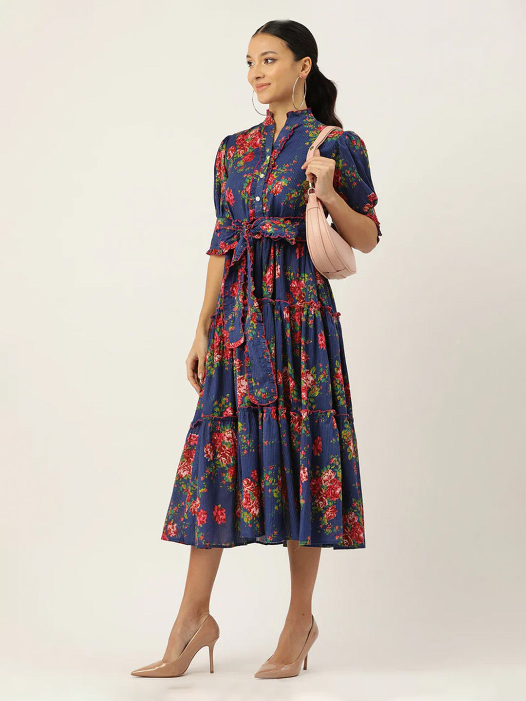 Blue Floral Print Puff Sleeve Fit & Flare Midi Dress