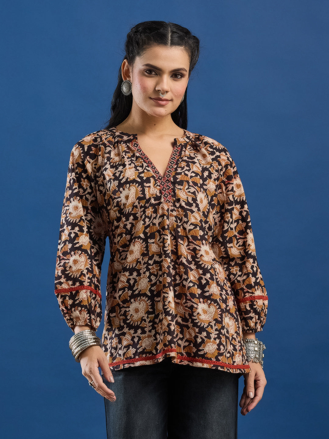 Black Floral Handblock Printed Cotton Top with Lace Detailing