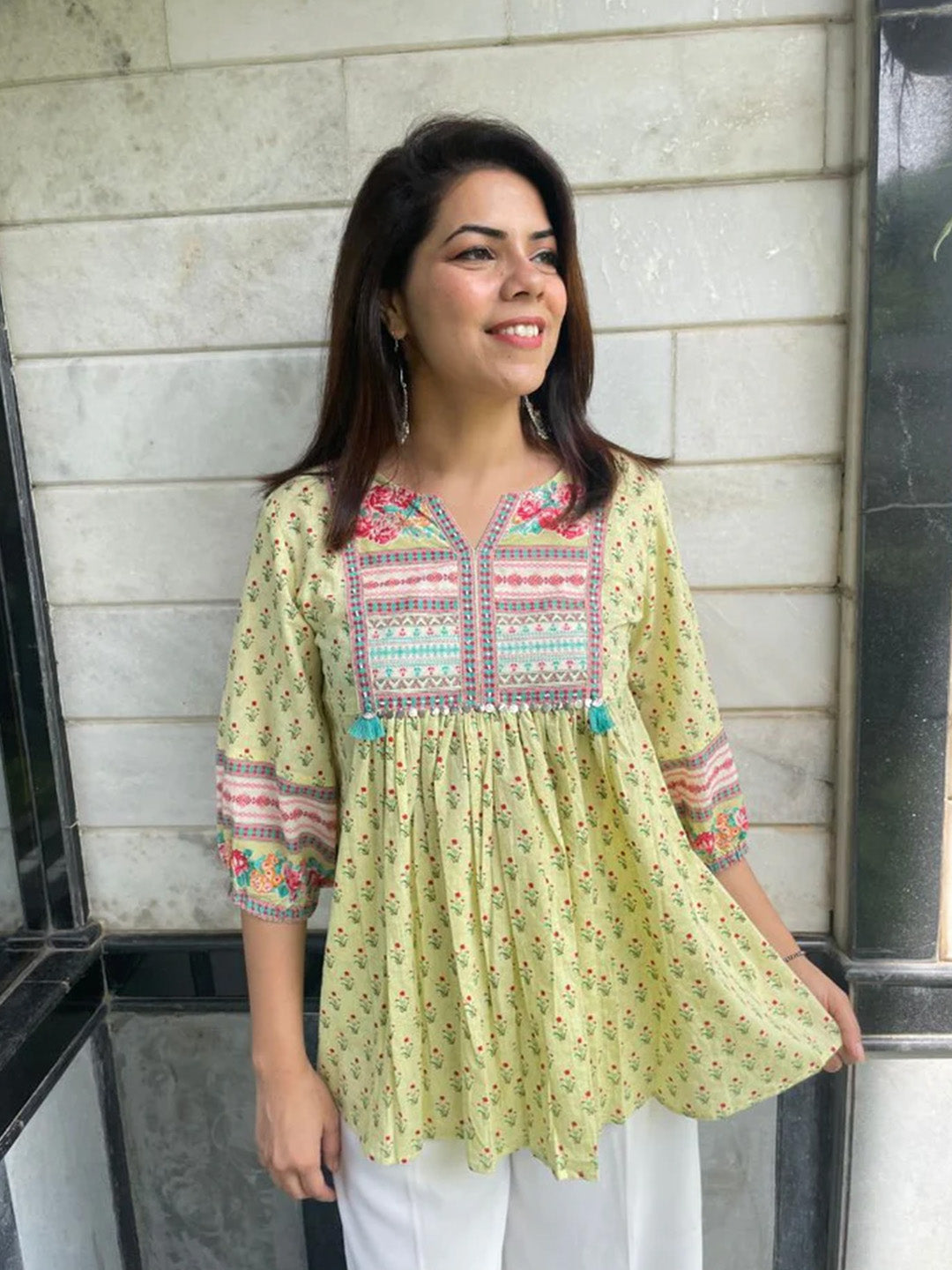 Green Printed Empire Top