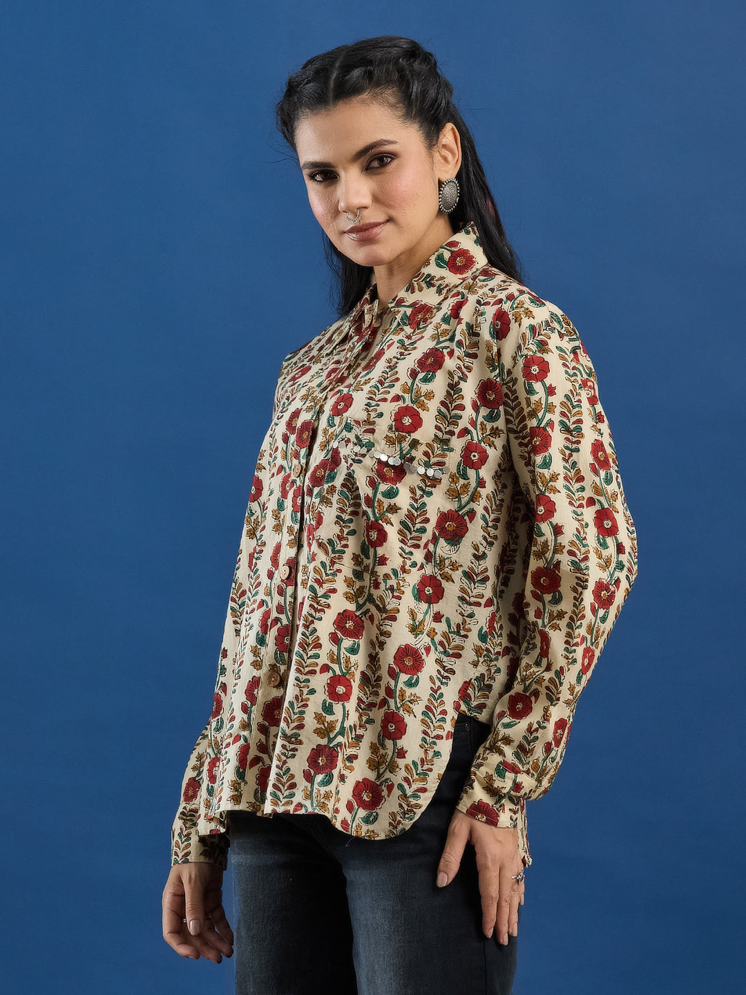Cream Bagru Handblock Printed Lose Fit Cotton Shirt