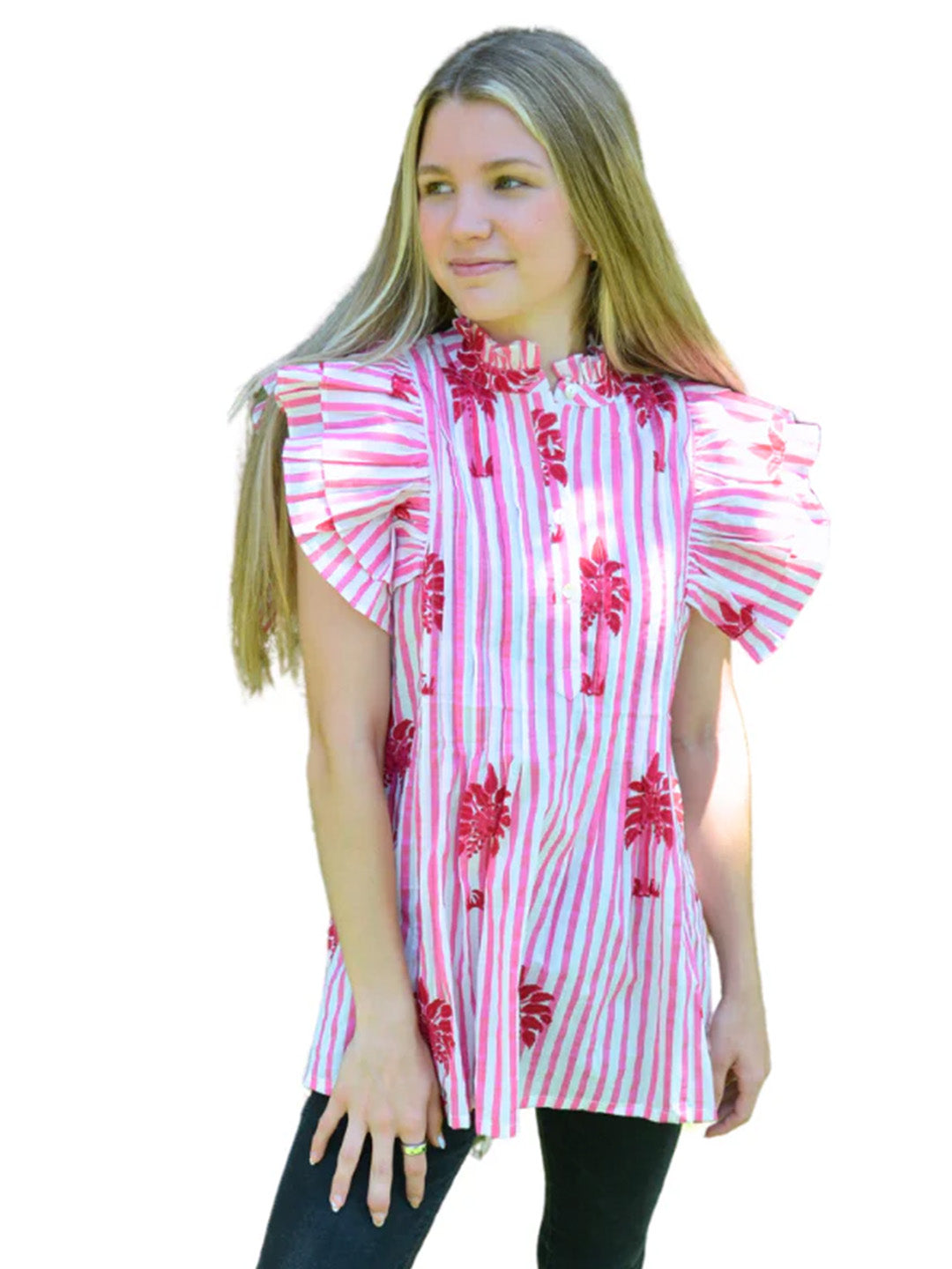 Ruffle Sleeve Top | Pink Palms