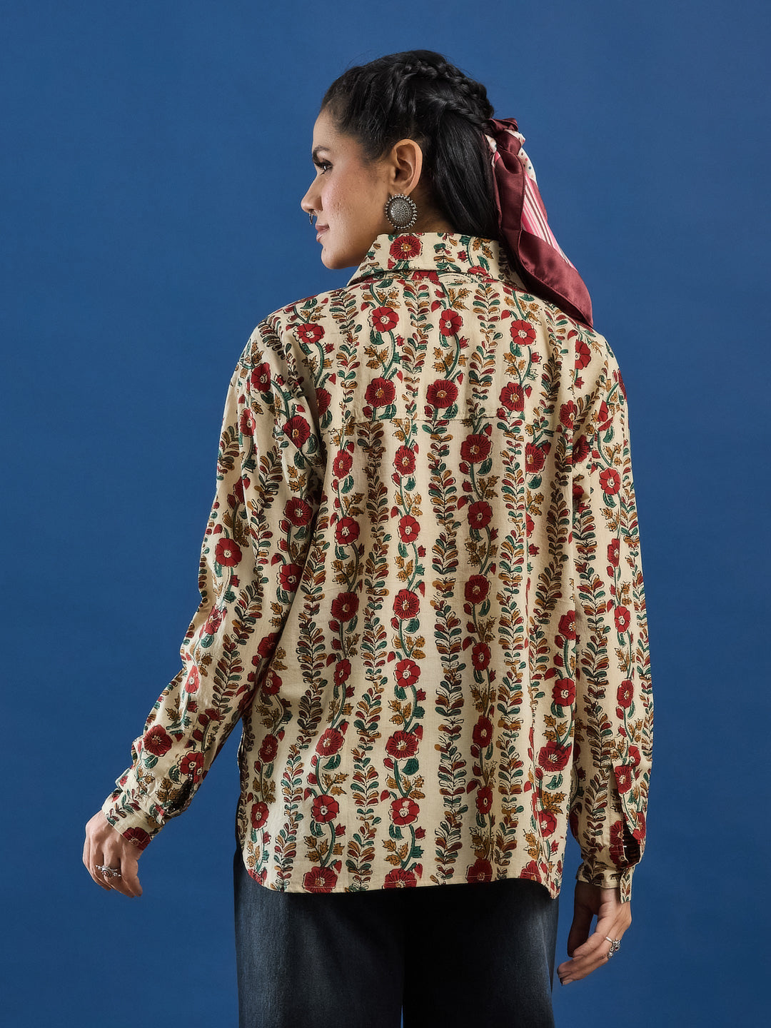 Cream Bagru Handblock Printed Lose Fit Cotton Shirt