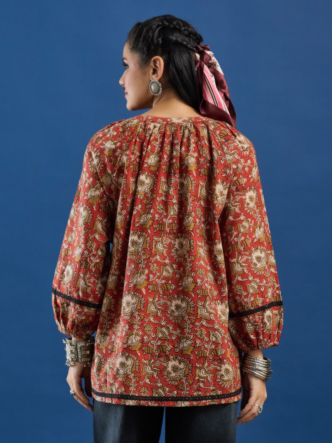 Red Floral Handblock Printed Cotton Top with Lace Detailing