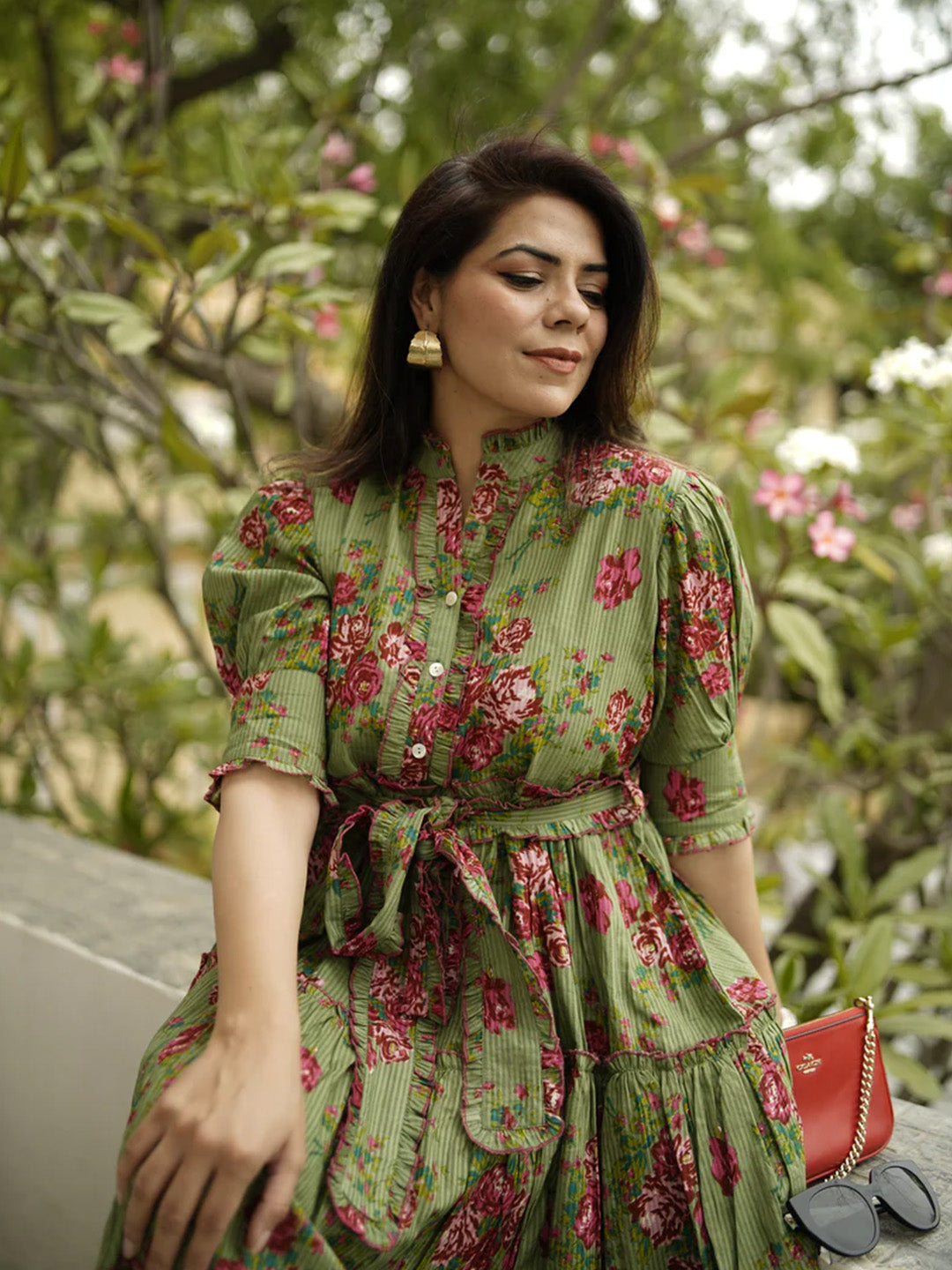 Green Floral Print Puff Sleeve Fit & Flare Midi Dress