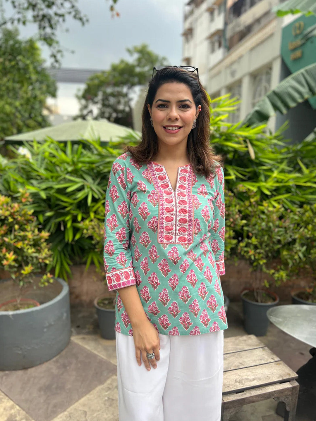 Sea Green Printed Sequinned Pure Cotton Kurti