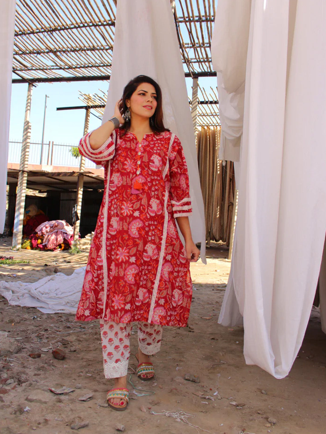 Red Handblock Printed Afghani Chogha and Salwar