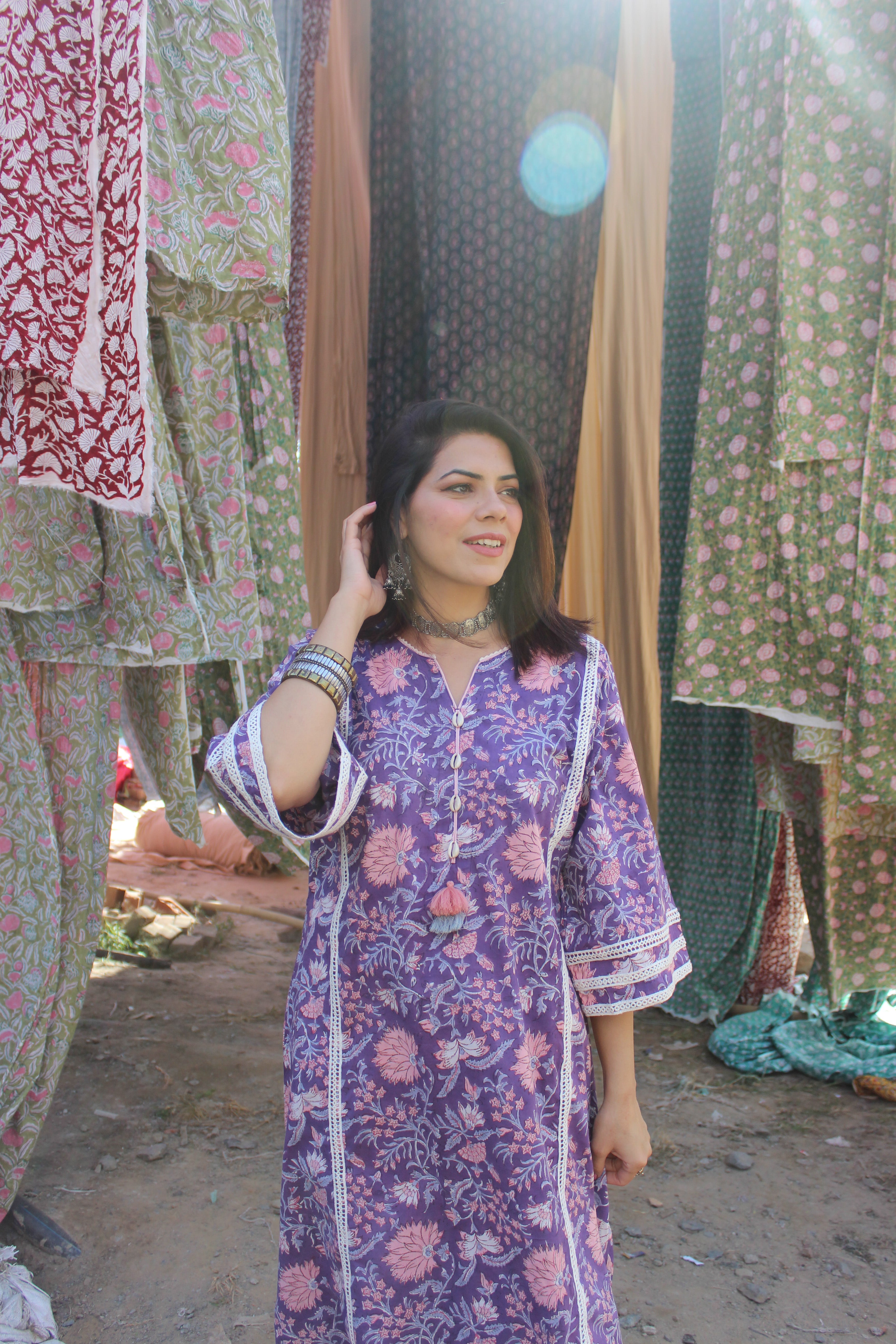 Purple Handblock Printed Afghani Chogha and Salwar