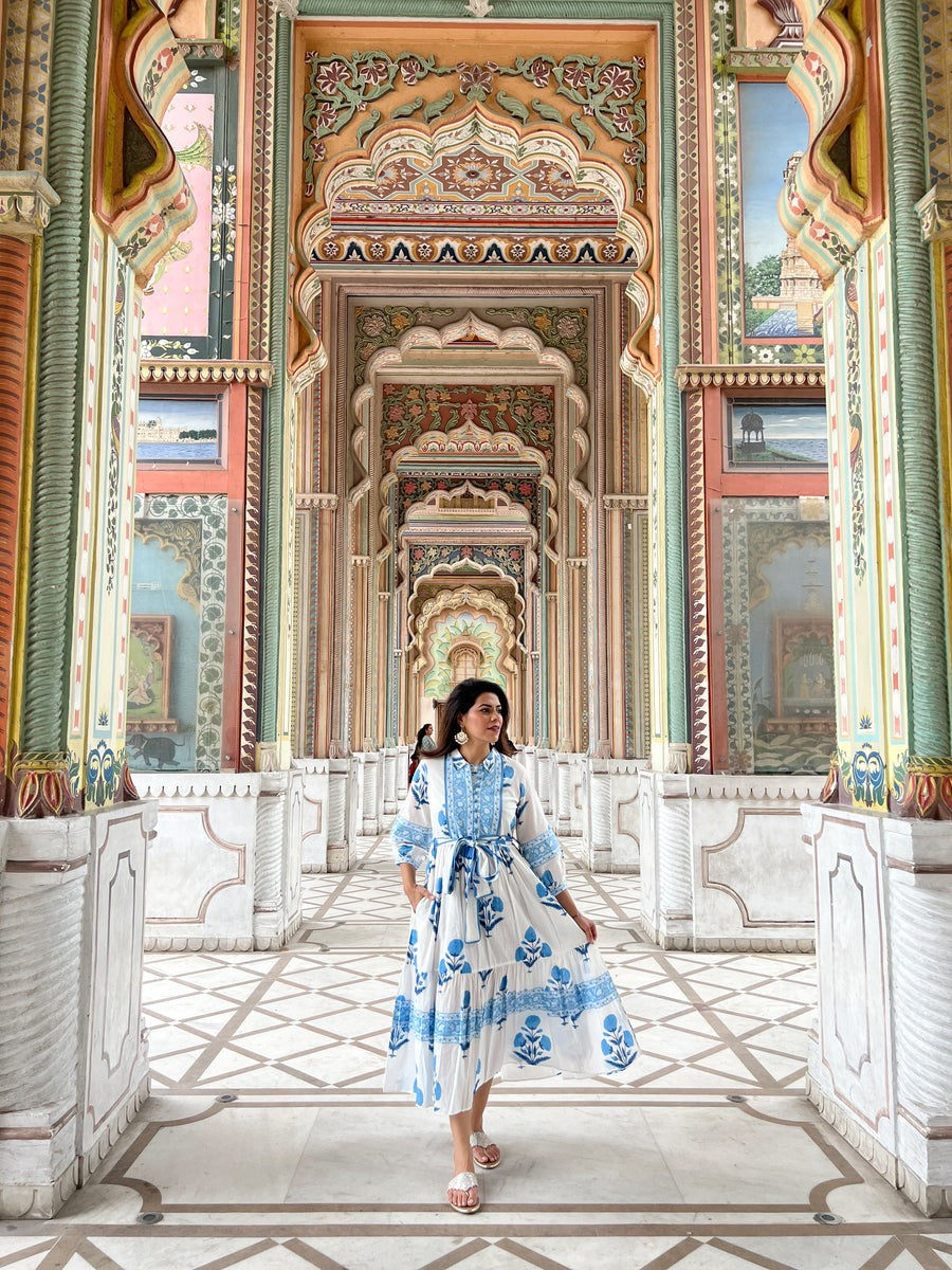 Mughal Print Dress | Sky Blue