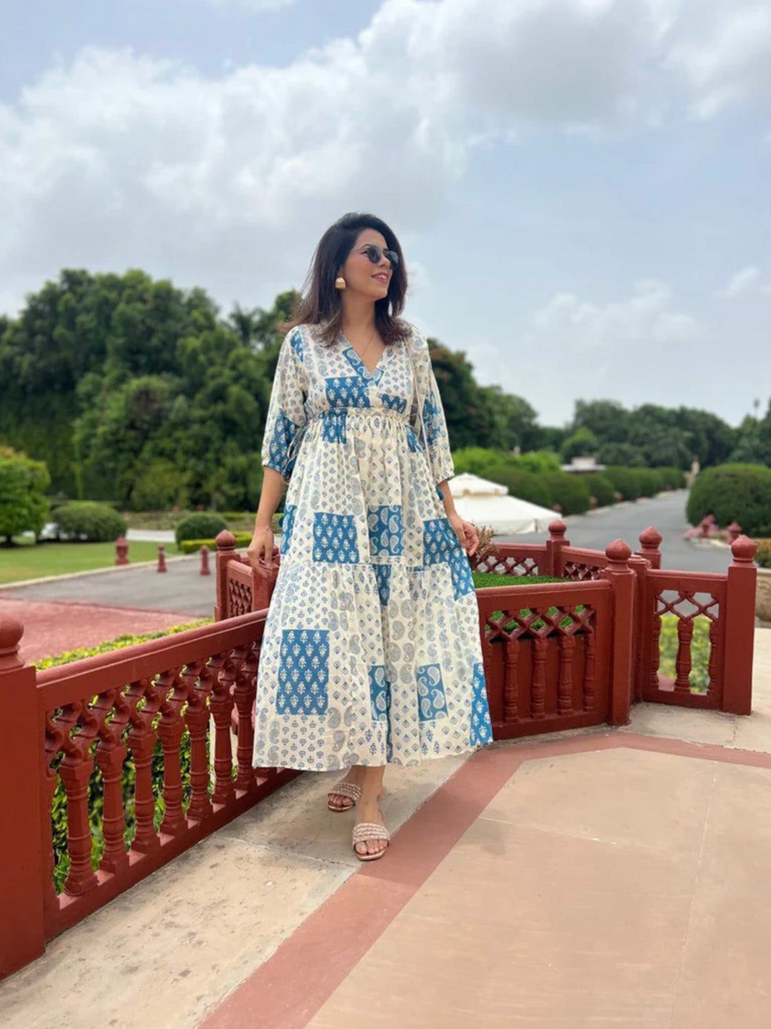 Open-Back Patchwork Print Dress | Blue Multi