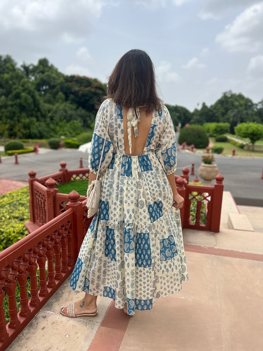 Open-Back Patchwork Print Dress | Blue Multi