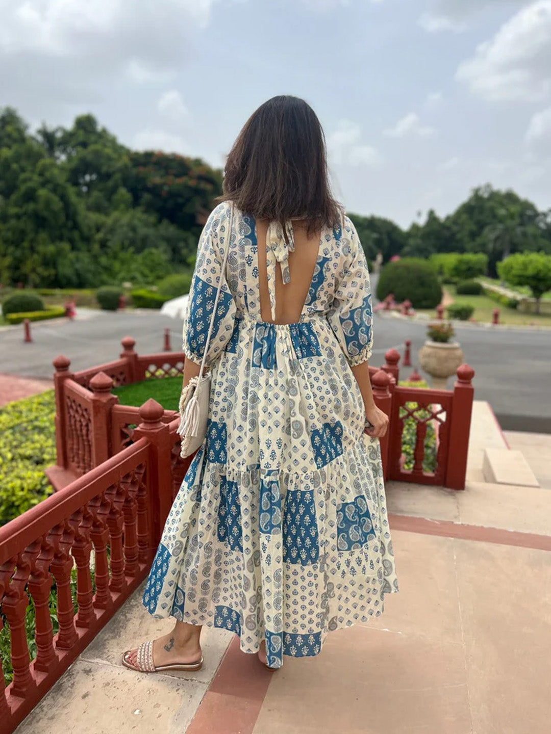 Open-Back Patchwork Print Dress | Blue Multi