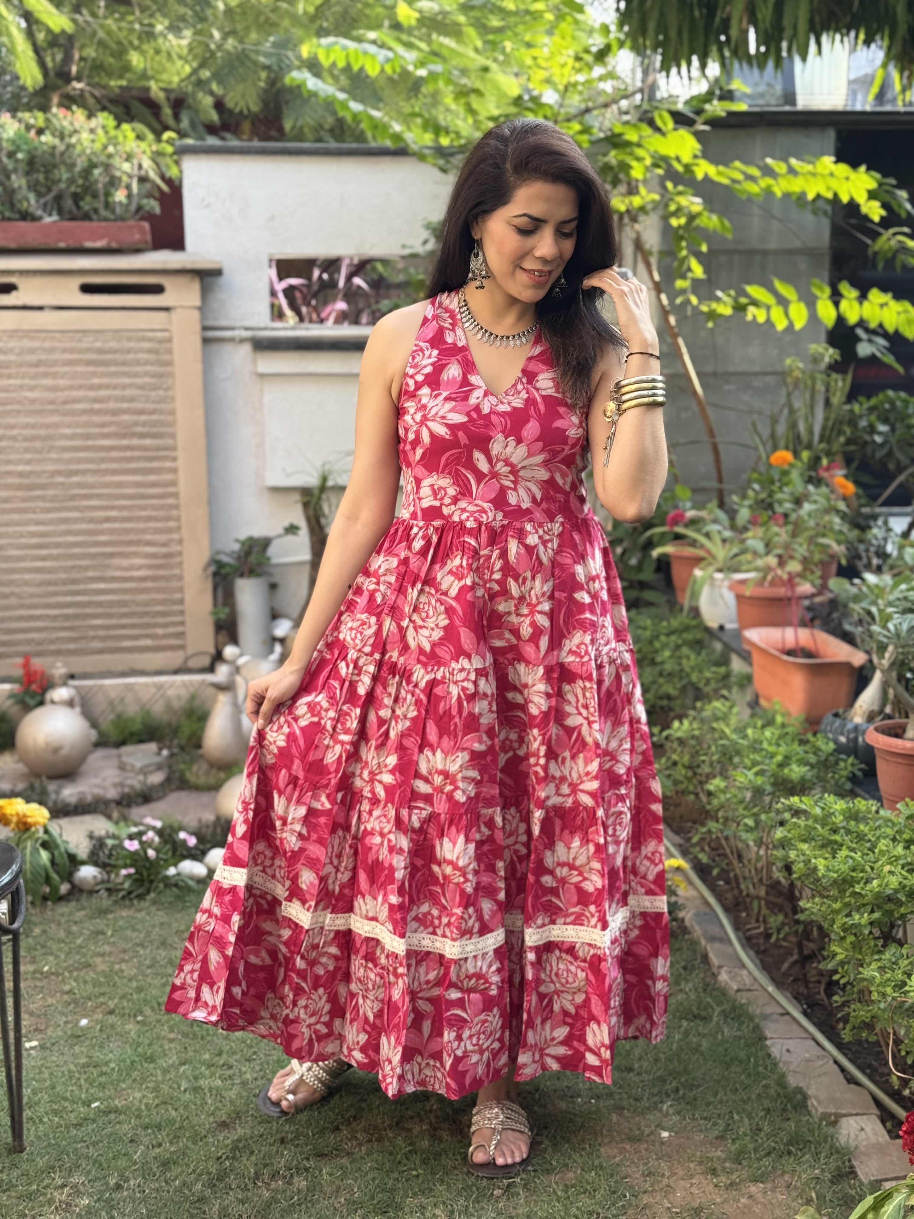 Pink Printed Cotton Halter Dress