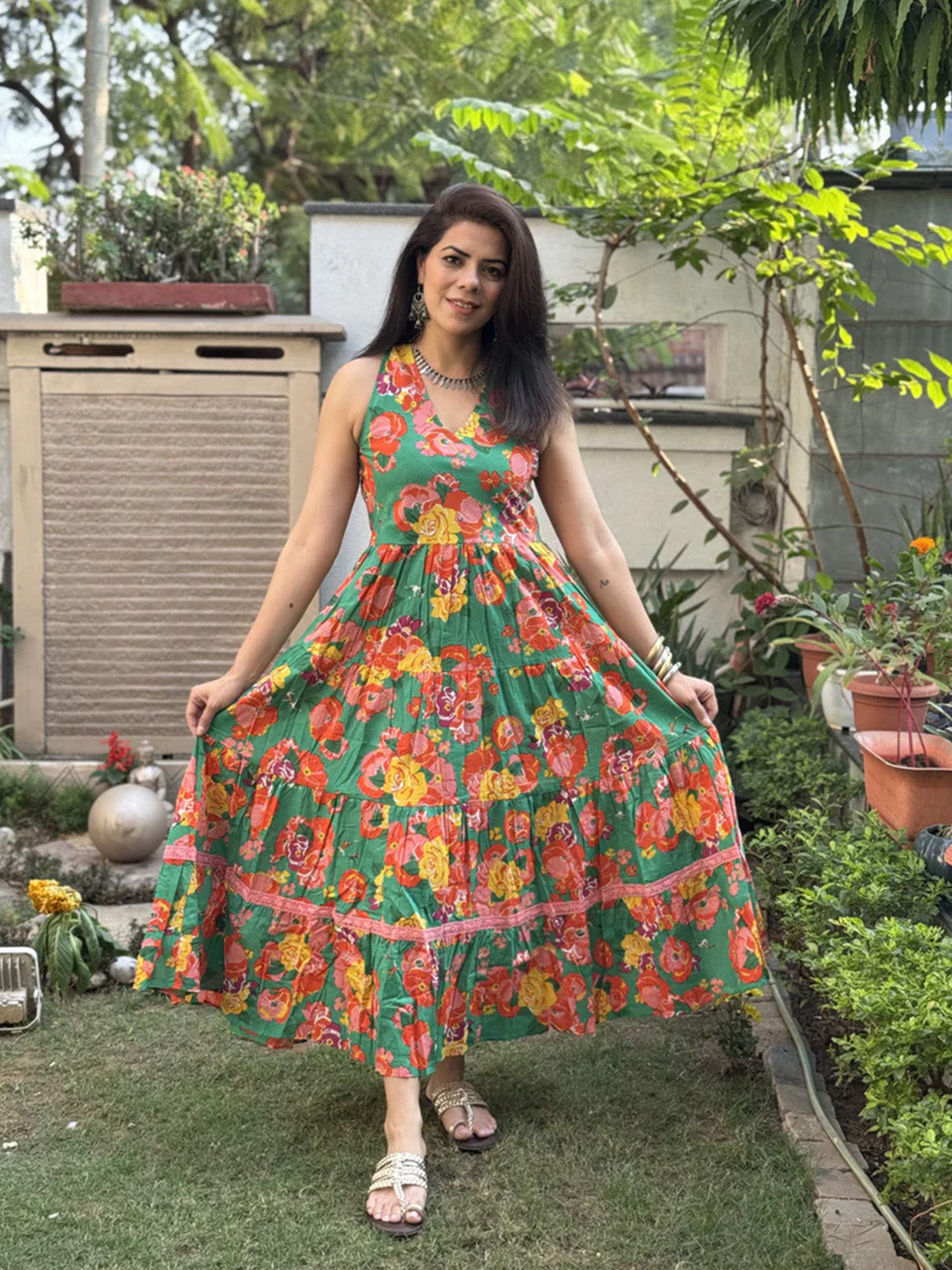 Green Printed Halter Neck Dress